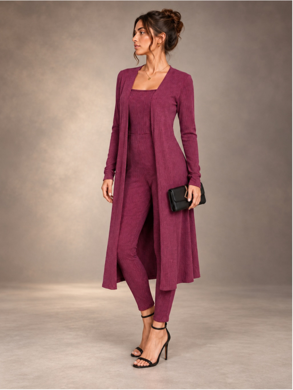 Longline Ribbed Cardigan & Jumpsuit Two-Piece Set – Size 8 | Berry